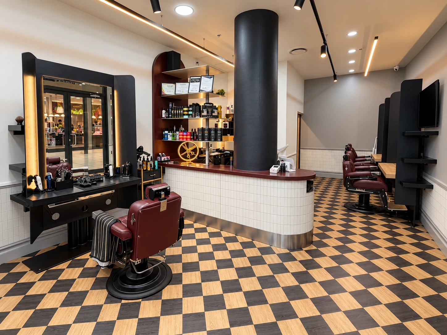 Reception and product shelves at Barber Embassy