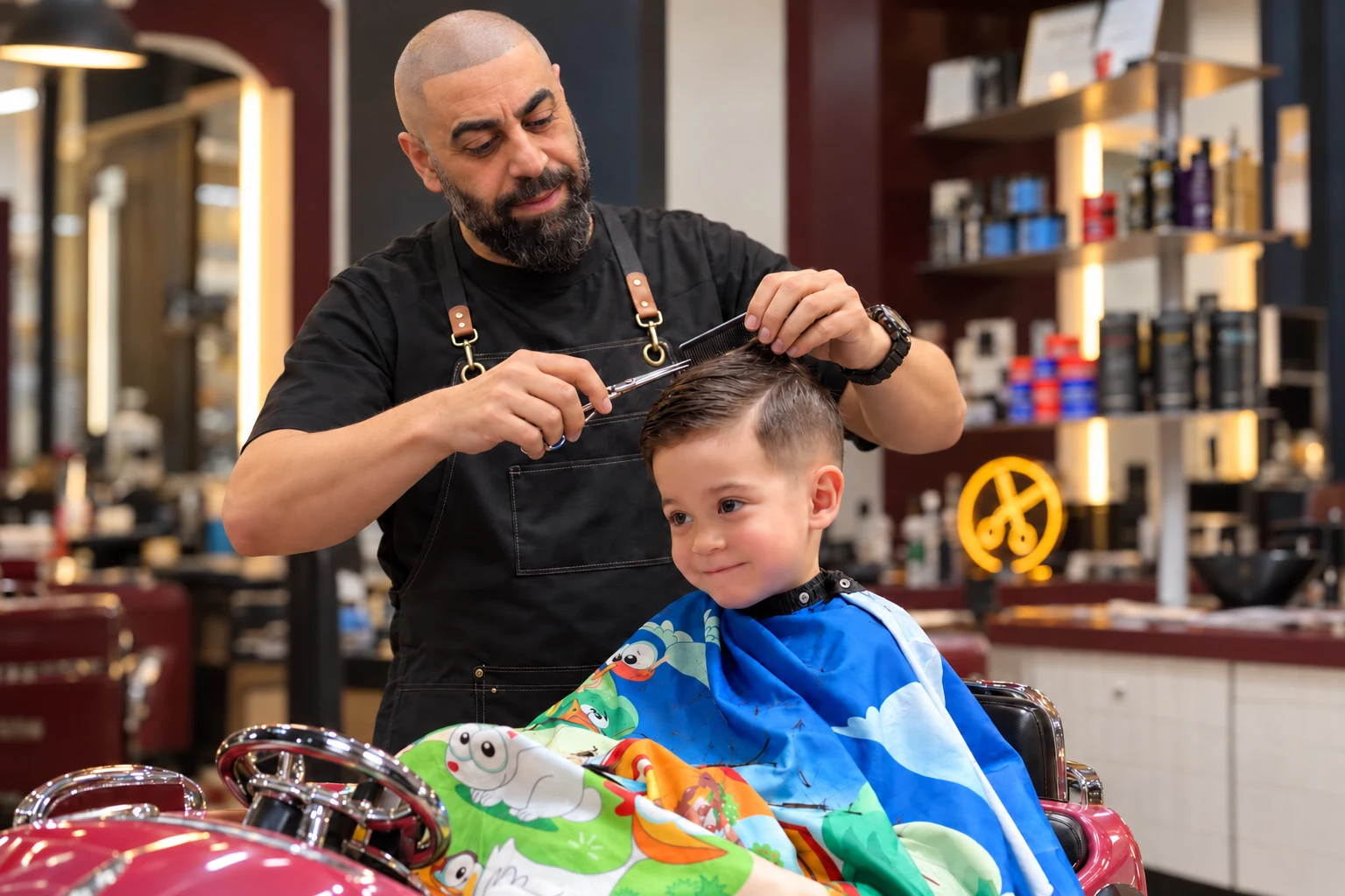 Yehya giving a child a haircut in the fun car chair